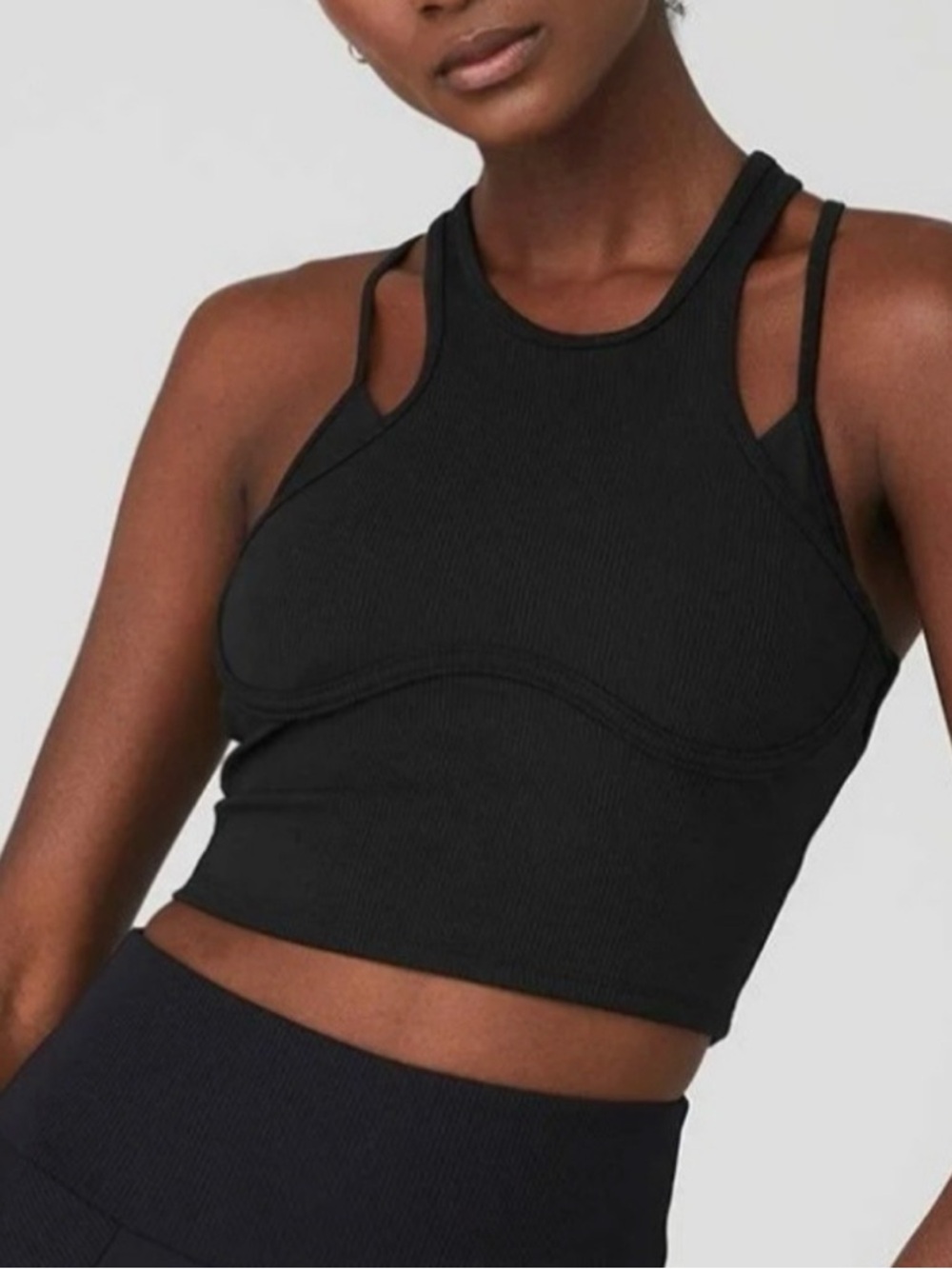 ALO Yoga Black Airlift Ribbed Enchanted Sports Bra with Subtle Branding